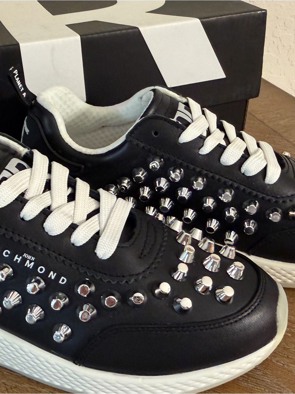 John Richmond Black Leather Studded Sneakers with White Laces